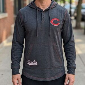 True Fan Cincinnati Reds MLB Mens Charcoal Henley Hoodie Pullover Lightweight L